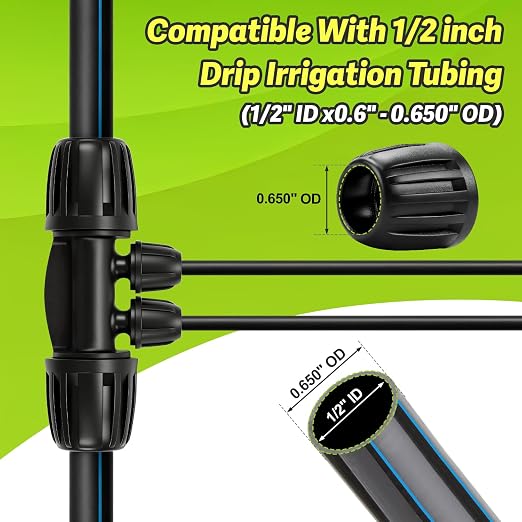 12 Pcs 1/2 Inch To 1/4 Inch Irrigation Tubing Fittings, 1/2"(1/2" ID x 0.65" OD) To 1/4" Drip Barbed Tee Adapter 16mm Anti-Drop Locked Nut T Reducer To 1/4" Distribution Line Connector