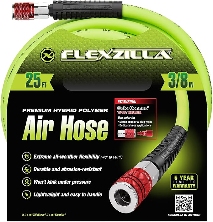 Flexzilla Air Hose with ColorConnex Industrial Type D Coupler and Plug, 3/8 in. x 25 ft., Heavy Duty, Lightweight, Hybrid, ZillaGreen - HFZ3825YW2-D