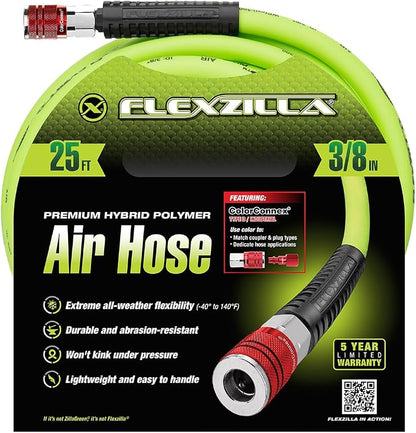Flexzilla Air Hose with ColorConnex Industrial Type D Coupler and Plug, 3/8 in. x 25 ft., Heavy Duty, Lightweight, Hybrid, ZillaGreen - HFZ3825YW2-D (Pack of 10)