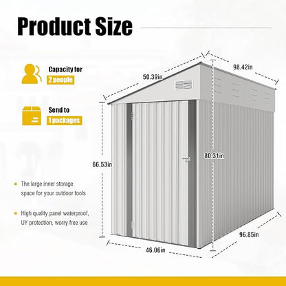 YOPTO 4×8 FT Outdoor Metal Storage Shed,Heavy-Duty Lean to Storage Shed with Lockable Single Side Hinge Door,Waterproof Metal Storage Tool House W/Sloping Roof,Air Vent&Protect Film,for Backyard,White