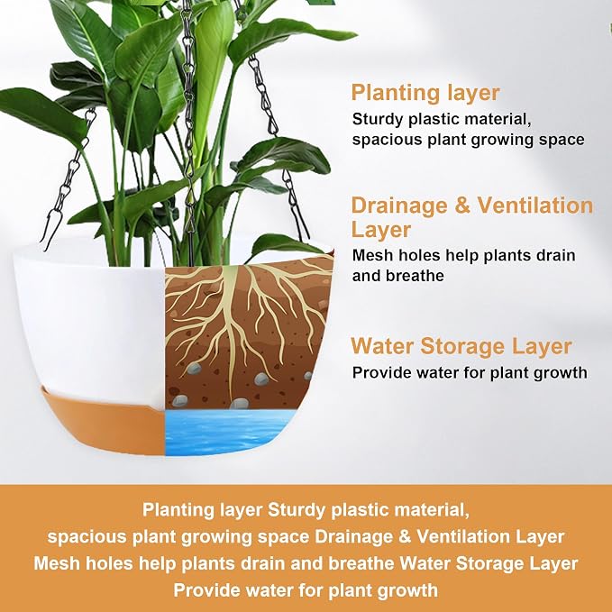KPUVX 10 inch Hanging Planters for Indoor Outdoor Plants with Self-Watering Pots, 3 Pack Plastic Hanging Basket with Removable Tray for Home Garden Porch Balcony Patio Decor(White+Black+Green)