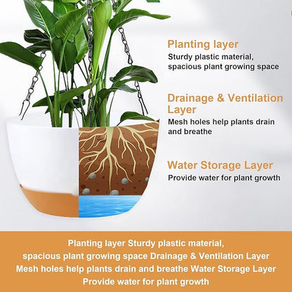 KPUVX 4 Pack Hanging Baskets for Plants Outdoor,8 Inch Plastic Hanging Planter for Plants Indoor with Drainage Holes and Chain for Garden Porch Plants(White+Black+Green+Beige)