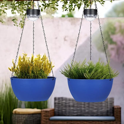 SUNNYPARK 2 Pack Solar Hanging Planters for Plants Outdoor | Self Watering, Blue Flower Pots with Solar Light, Hanging Garden Planters with Drainer for Balcony Patio Outdoor Decor