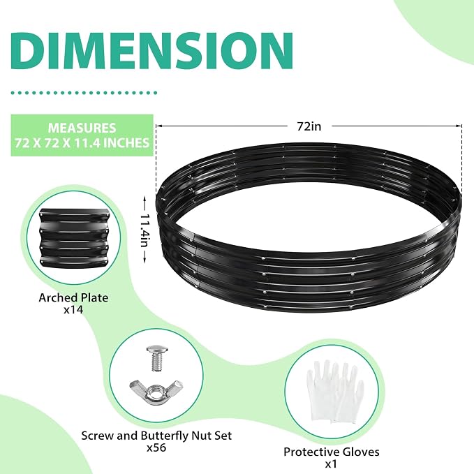 12 Inch Tall 72 Inch Diameter Round Black Raised Garden Bed Kits Outdoor | 1 FT Tall,6 FT Planter Bed for Flowers,Herbs,Vegetables,Trees,0.8MM Thick Galvanized Metal Painted,with Gloves,Tool free