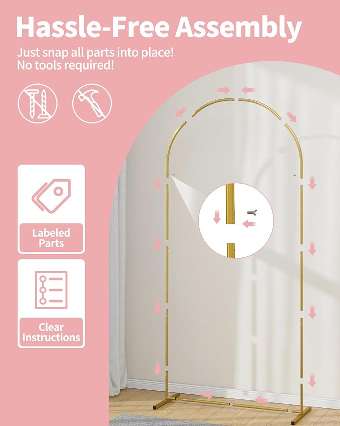 Pureegg Metal Arch Backdrop Stand Set - Set of 2 (7.2ft/6.6ft), Gold Wedding Stand with Stable Base, Elegant Backdrop Cover for Party, Birthday, Baby Shower, Graduation, Easy to Assemble
