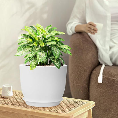 WSMKSZ 10/9/8 inch Medium Flower Pots, 3 Pack Modern Decorative Plastic Planters with Drainage Holes and Tray, Plant Pots for Indoor Outdoor Plants, White
