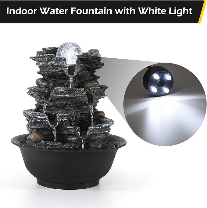 Dyna-Living Tabletop Water Fountain Indoor Waterfalls Fountains with White LED Light Decorative Feng Shui Tabletop Fountain with Quiet Pump and Spinning Ball, Desktop Waterfall Fountain for Home Decor