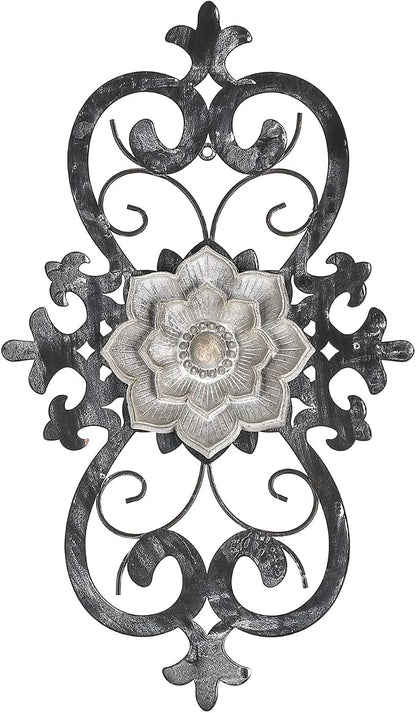 Metal Flowers Wall Art, 15.75” x 9” Metal Scroll Floral Wall Decor, Hanging Wall Sculpture with Wooden Bohemian Flower, Iron Wall Decoration for Living Room Kitchen, Outside Wall Decor for Garden