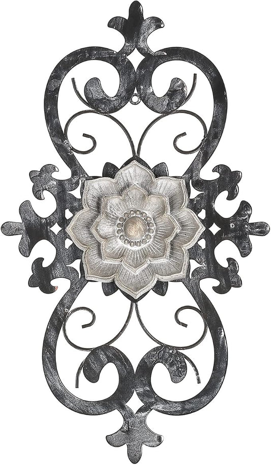 Metal Flowers Wall Art, 15.75” x 9” Metal Scroll Floral Wall Decor, Hanging Wall Sculpture with Wooden Bohemian Flower, Iron Wall Decoration for Living Room Kitchen, Outside Wall Decor for Garden