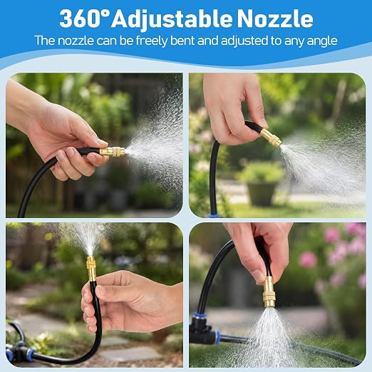 360° Adjustable Drip Irrigation System Kit, 50 FT Garden Watering System with 15 Copper Nozzles, Automatic Misting Sprinkler for Yard, Garden, Lawn, Raised Bed, Greenhouse and Plants