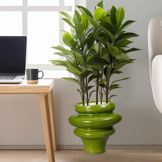 Ceramic Pot for Plants 11 Inch - Plant Pot for Indoor Outdoor, Decorative Bonsai Planter with Drainage Hole, Flower Pots for Office, Gift for Men Women, Green