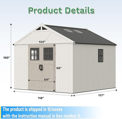 Greesum 10X10FT Plastic Outdoor Storage Shed with Floor and Lockable Door, Resin Sheds with 4-Windows and Multiple Skylights, HDPE Kick-it Shed for Garden, Patio, Backyard, Beige