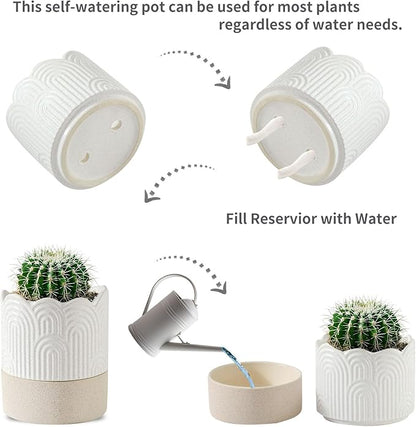 Nihow Ceramic Self Watering Pots for Indoor Plants, 4.5 Inch,Beige | Visible Water Level Fill Port,Planter with Cotton Wick,Water Storage Plus, Cylinder Round Flower Pot, Succulent/Herbs/Violets