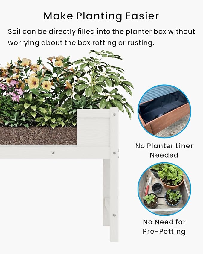 Weatherproof Raised Garden Bed, HDPE Outdoor Elevated Planter Box with Legs, Garden Box, Flower Beds for Patio, Deck, Balcony (White)