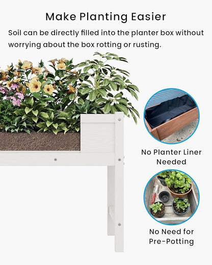 Weatherproof Raised Garden Bed, HDPE Outdoor Elevated Planter Box with Legs, Garden Box, Flower Beds for Patio, Deck, Balcony (White)