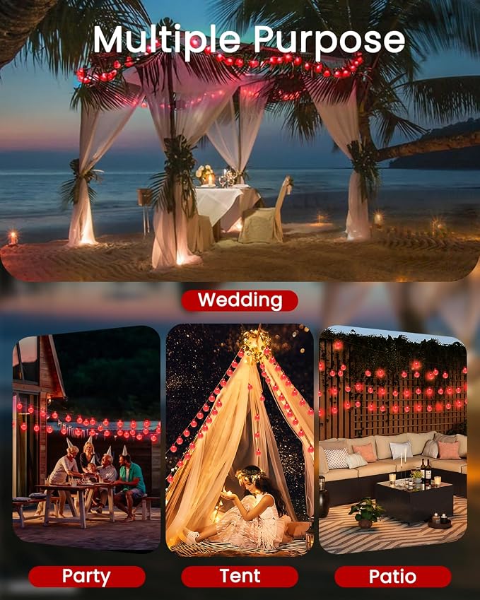2-Pack 120 LED Red Solar String Lights Outdoor - 72FT Waterproof Solar Powered Crystal Globe Lights for Outside with 8 Lighting Modes for Patio Decorations, Garden, Party, Porch, Wedding, Yard
