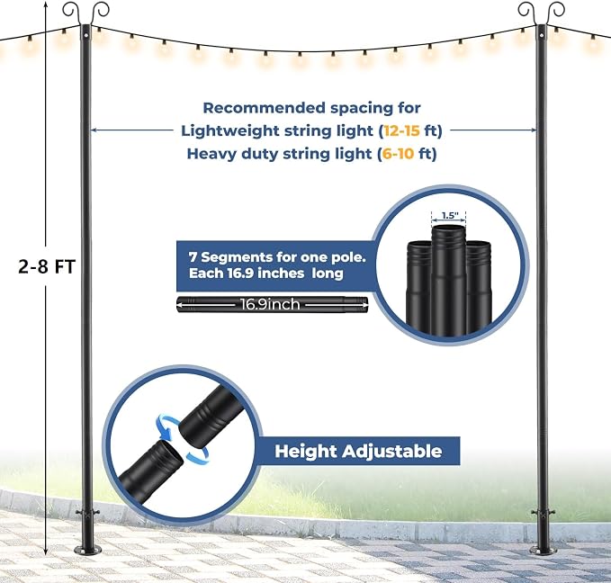 Heavy Duty String Light Poles 8 FT (2 Pack) - Outdoor Patio Deck Light Poles for Outside with Anchor Base and Mounting Bracket, Waterproof Garden Backyard Pole for Wedding Party Garden