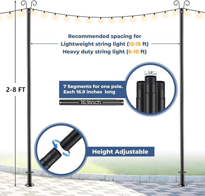 Heavy Duty String Light Poles 8 FT (2 Pack) - Outdoor Patio Deck Light Poles for Outside with Anchor Base and Mounting Bracket, Waterproof Garden Backyard Pole for Wedding Party Garden