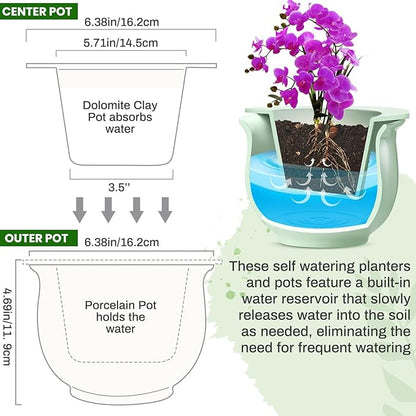 Suclain 2 Pack Ceramic African Violet Pots Self Watering Plant Pot Effortless Self Watering Plant Flower for Busy Lovers, Indoor(Green,6.5 Inch)