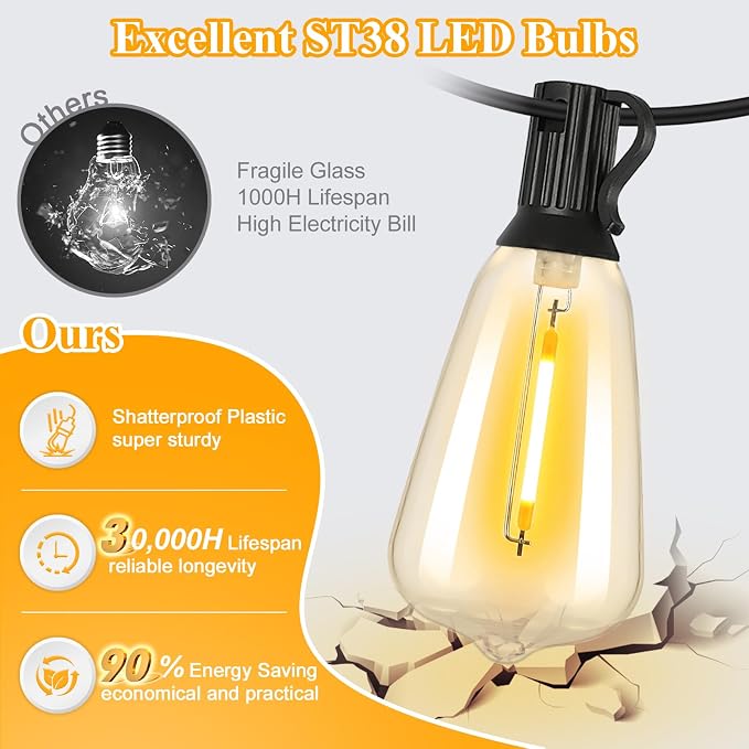 Brightever LED String Lights Outdoor Waterproof, 25FT 2200K Dimmable Patio Lights with 13 Shatterproof ST38 Vintage Edison Bulbs, Outside Hanging Light for Porch, Deck, Garden, Backyard, Balcony
