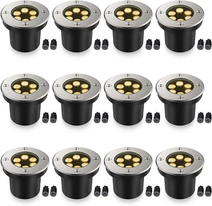 JESLED 12 PackOutdoor Landscape Lights, Low Voltage In Ground Well Lights | 3000K Warm White, 6W LED, 12V/24V, IP67 Waterproof, 5-Ton Pressure Resistant & 90° Beam for Driveway Decks Step Garden