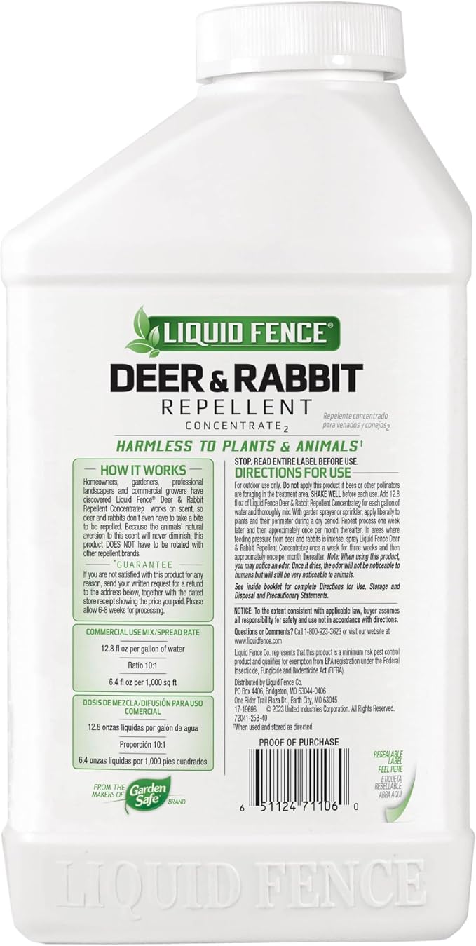 Liquid Fence Deer And Rabbit Repellent Concentrate 32 Ounces, Apply Year-Round