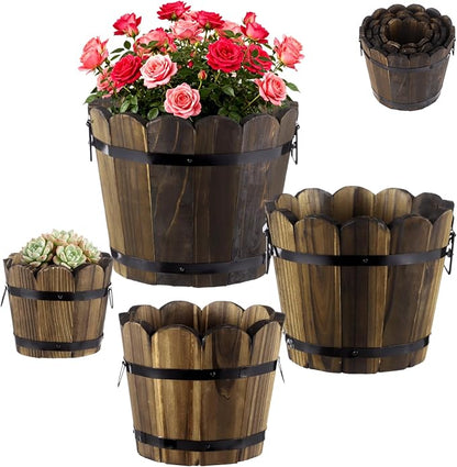 4 PCS Wooden Whiskey Barrel Planters, Wavy Edge Rustic Bucket Flower Pots with Metal Handles, Round Garden Accessory for Succulents Flowers Veggies, Outdoor Indoor Home Porch Yard Container