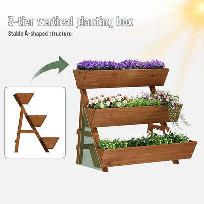 3-Tier Vertical Wooden Raised Garden Bed, Freestanding Garden Planter Box, Wood Flower Rack, Planter Box for Herbs, Vegetables, Outdoor Indoor Use, Large-Brown
