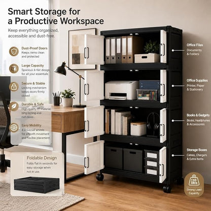 4 Tier Foldable Storage Cabinet with Wheels and Magnetic Doors, Premium PP Material Large Storage Organizer, Space-Saving Utility Storage for Home, Apartments, Dorm, Office, Rv