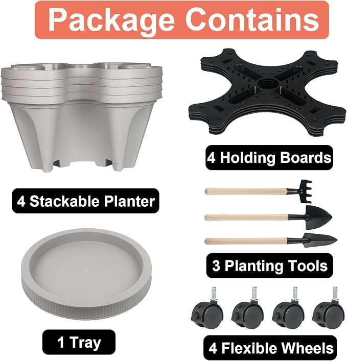 GameXcel Vertical Planter Tower - 4 Tier Stackable Garden Planters with Wheels and Tools Plant Pots for Strawberry Herb Flower and Vegetable Indoor Outdoor Use Gray