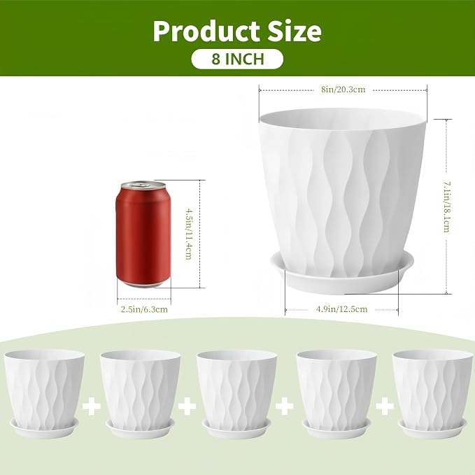 8 Inch Plant Pots Plastic Planters with Drainage Holes & Saucer, 6 Pack | White, 3D Water Ripple Texture, for Indoor Outdoor Plants, Decoration Flower Pots for Garden Home