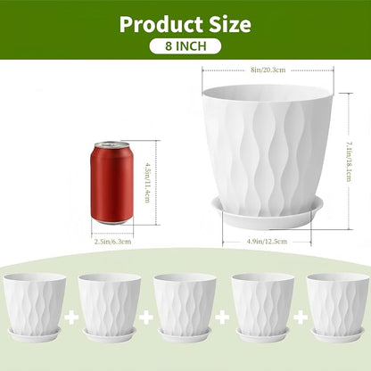 8 Inch Plant Pots Plastic Planters with Drainage Holes & Saucer, 6 Pack | White, 3D Water Ripple Texture, for Indoor Outdoor Plants, Decoration Flower Pots for Garden Home