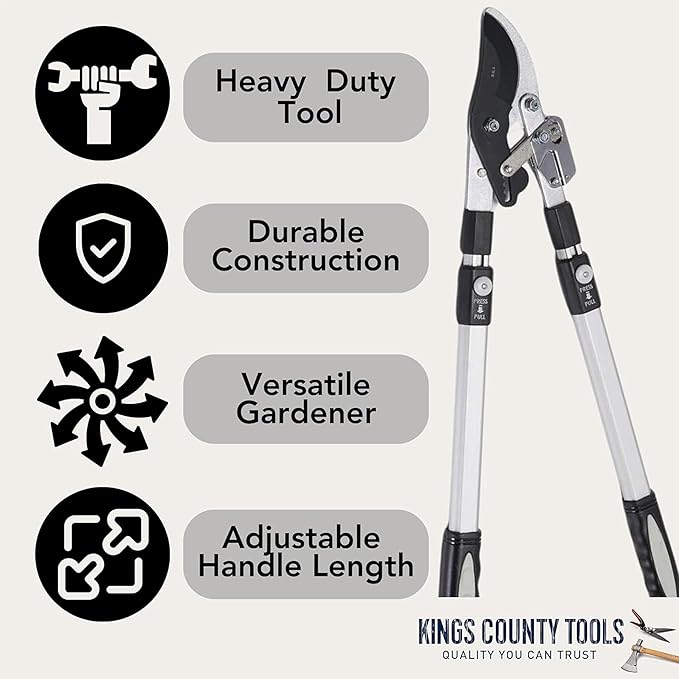 Tree Trimmer Loppers - Double Ratcheting Bypass Pruners - Extendable 26" - 40" Long Handles - Loppers for Tree Trimming Heavy Duty by Kings County Tools