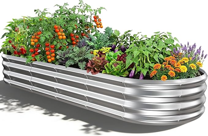 Oval Raised Garden Bed, 5 x 2 x 1FT, Galvanized Steel Planter Box with Wave-Shaped Metal Panels for Outdoor Flower,Tree,Herb & Vegetable Garden (Silver, 72X24X12 inches)