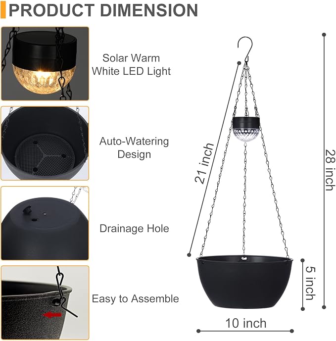 SUNNYPARK 2 Pack Solar Hanging Planters for Plants Outdoor | Self Watering, Black Flower Pots with Solar Light, Hanging Garden Planters with Drainer for Balcony Patio Outdoor Decor