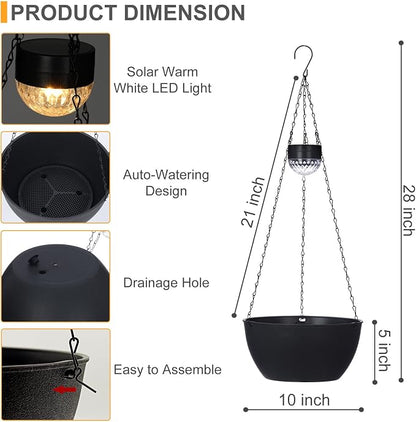 SUNNYPARK 2 Pack Solar Hanging Planters for Plants Outdoor | Self Watering, Black Flower Pots with Solar Light, Hanging Garden Planters with Drainer for Balcony Patio Outdoor Decor