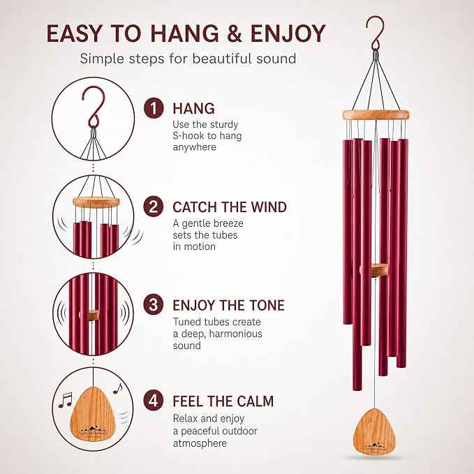 Red Wind Chimes for Outside Deep Tone, 41 Inch Hand Tuned B Major Pentatonic Alto Wind Chime with Decorative Kindness Stone, Outdoor Garden Patio Porch Decor, Meaningful Sympathy Memorial Gift