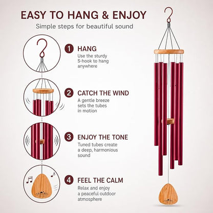 Red Wind Chimes for Outside Deep Tone, 41 Inch Hand Tuned B Major Pentatonic Alto Wind Chime with Decorative Kindness Stone, Outdoor Garden Patio Porch Decor, Meaningful Sympathy Memorial Gift