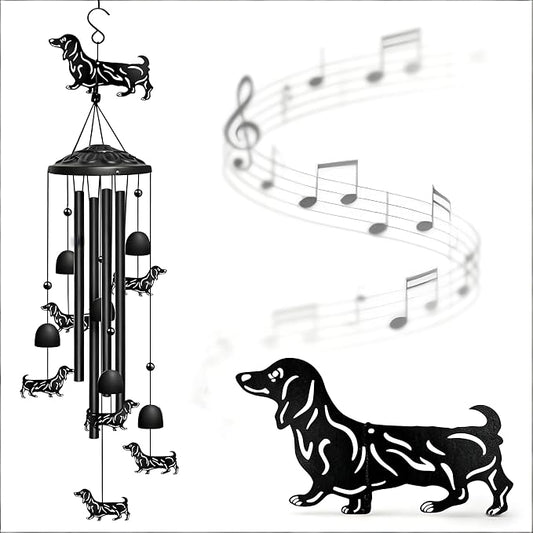 Dachshund Wind Chimes for Outside, Decorative Wind Chimes Dachshund Gifts for Women/Men, Memorial/Birthday Gifts, Garden Decor for Outside, Patio or Yard, Durable Chimes for Outdoors (Black)