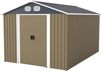 YOPTO 8x12 FT Outdoor Storage Shed, Metal Garden Shed with Window, Lockable Door & Sloped Roof, Large Waterproof Utility Tool Shed for Backyard, Garden, Patio, Lawn, Brown
