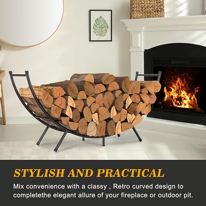 NANANARDOSO Curved Firewood Rack，48 inches Powder-coated Metal Fireplace Log Holder for Firewood Storage，Ideal for Indoor and Outdoor Fireplaces Wood Storage