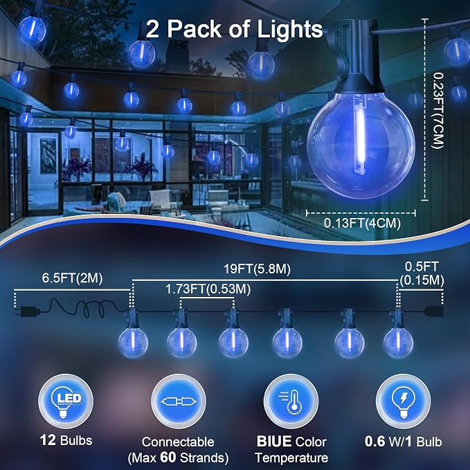 LAMPHOME 2PACK LED Outdoor String Lights, 26ft Patio Lights with 12+1 Edison Shatterproof Bulbs(1 Spare), UL Waterproof Connectable Dimmable Outside Lights for Backyard Porch Deck Garden Decor, Blue