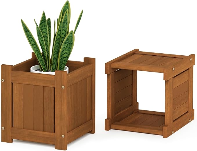 Furinno TIOMAN Mini Planter Box with Bench, Hardwood Flower Box with Seat, Cube Garden Box, in Teak Oil, Outdoor Indoor, Garden, Patio, Balcony, Light Wood