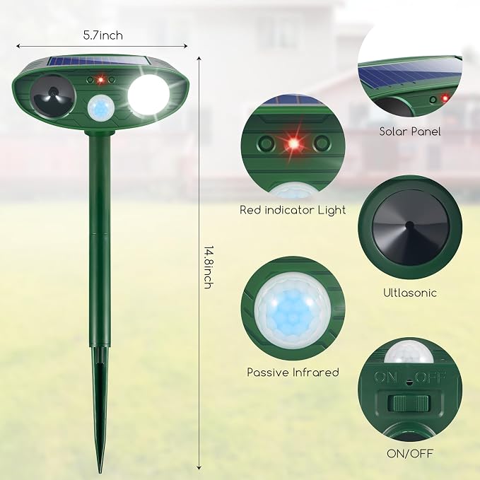 2 Pack New Solar Deer Repellent Devices Ultrasonic Animal Repellent Outdoor for Rabbit,Raccoon,Squirrel,Skunk,Fox,Cat,Motion Sensor&Strobe Light,Waterpfoof Sonic Fortress Pro Deterrent for Garden Yard
