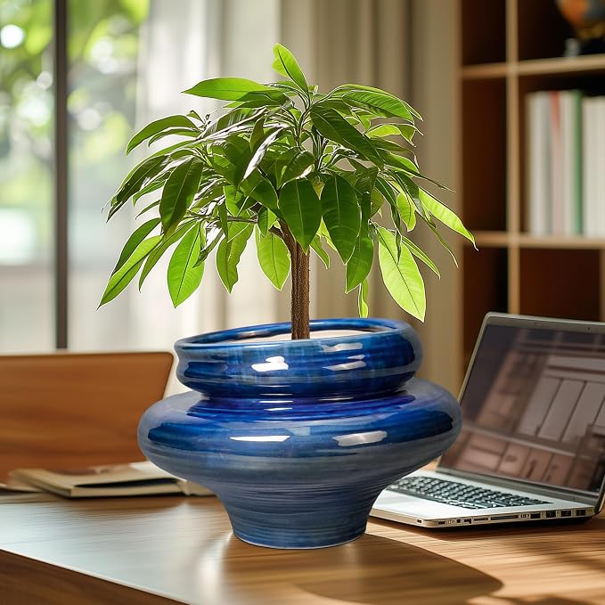 Ceramic Pots for Plants - 11 Inch Ceramic Planter for Indoor Outdoor, Unique Planters with Drainage Hole, Decorative Flower Pot, House Office Garden Decor, Plants Lover Gifts, Blue