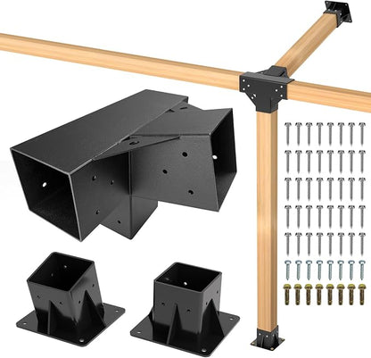 15° Lean Pergola Kit 4x4(Inner 3.64x3.64), 4-Way Slanted Pergola Roof Bracket, Post Base-Angled 4x4 Wood Post Bracket-DIY Gazebo Brackets-Hardware Kit for Outdoor Wood Beam Post Sunroom Carport Cabin