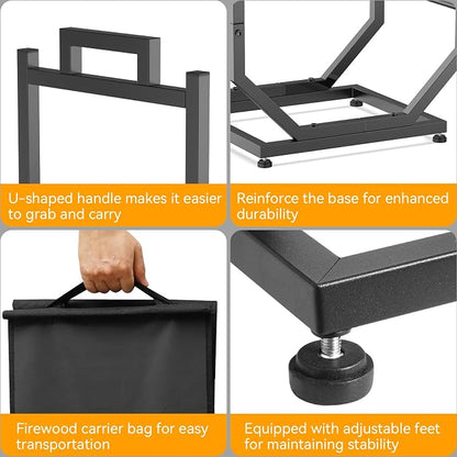 Firewood Rack, Indoor/Outdoor Firewood Holder with Firewood Carrier Bag, Thickened Metal Fireplace Log Holder with Adjustable Feet, Black