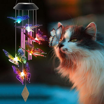 Purple Butterfly Wind Chimes Outdoor, Butterfly Garden,Glow in The Dark Garden Decor with Iron Metal Pendant Patio Hanging Ornaments for Yard Tree Outside, Unique Nature Gifts for Women Mom