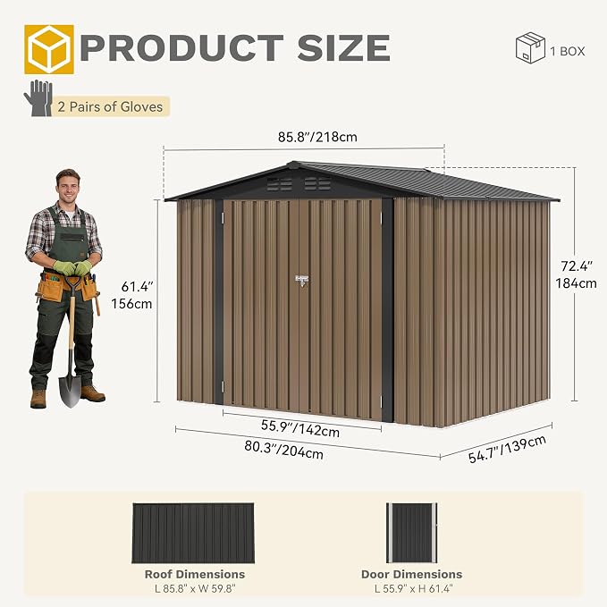 DWVO 7'x5' Large Metal Outdoor Storage Shed, Heavy Duty Tool Storage Sheds for Backyard Patio Lawn - Ideal for Bicycles, Garden Tools, and Lawn Equipment, Easy-to-Assemble, Brown
