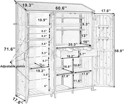 Merax Outdoor Wood Large Garden Storage Shed with Waterproof Roof, Patio 3 Doors Storage Cabinet with Workstation, 7 Storage Shelves, 2 Drawers and 6 Hooks for Backyard, Gray